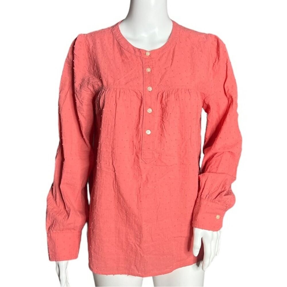 Loft Shirt Women Small Coral Orange Swiss Dot Popover Blouse Office Boho Peasant
